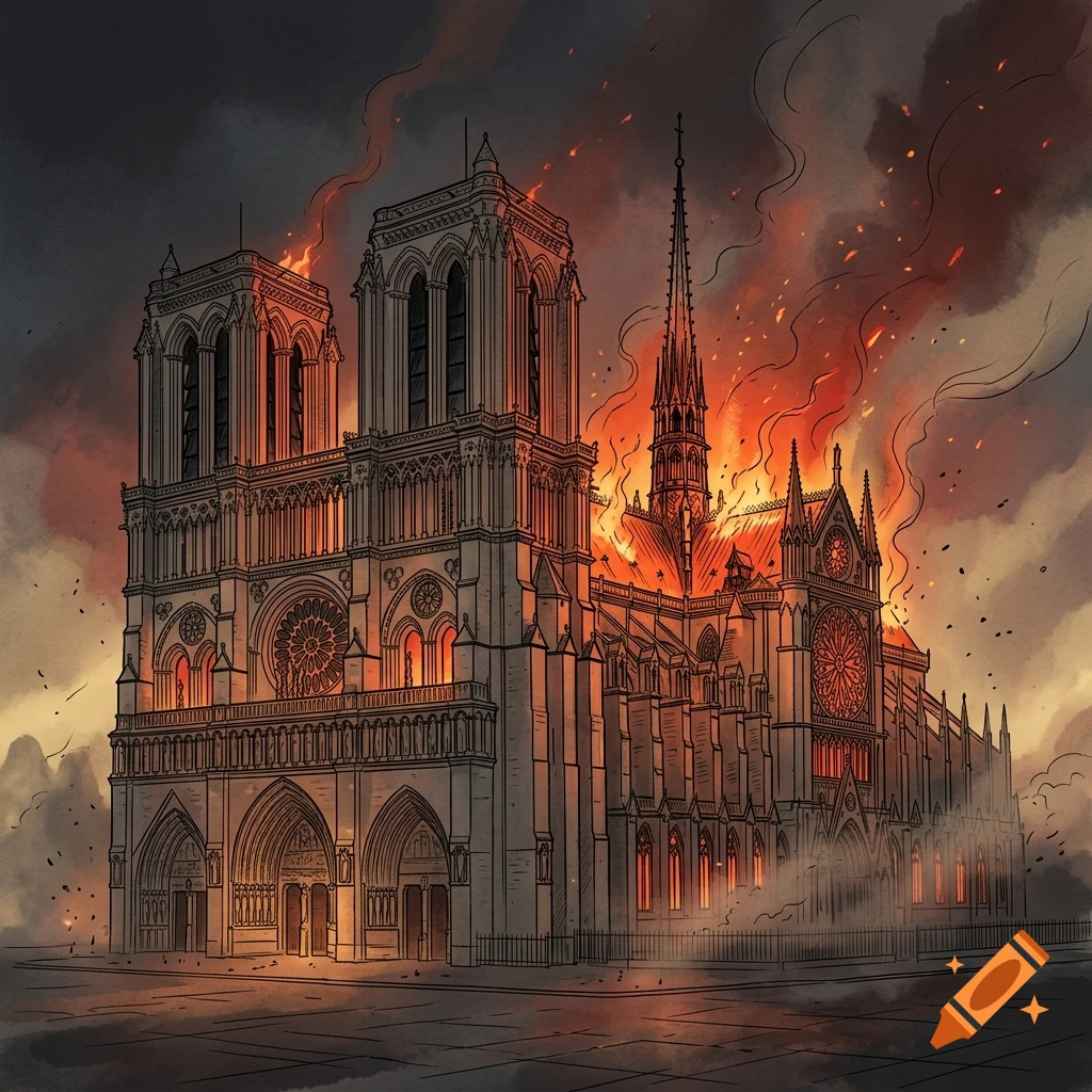 Line drawing illustration of Notre Dame cathedral on fire with orange flames and smoke against a dark sky.