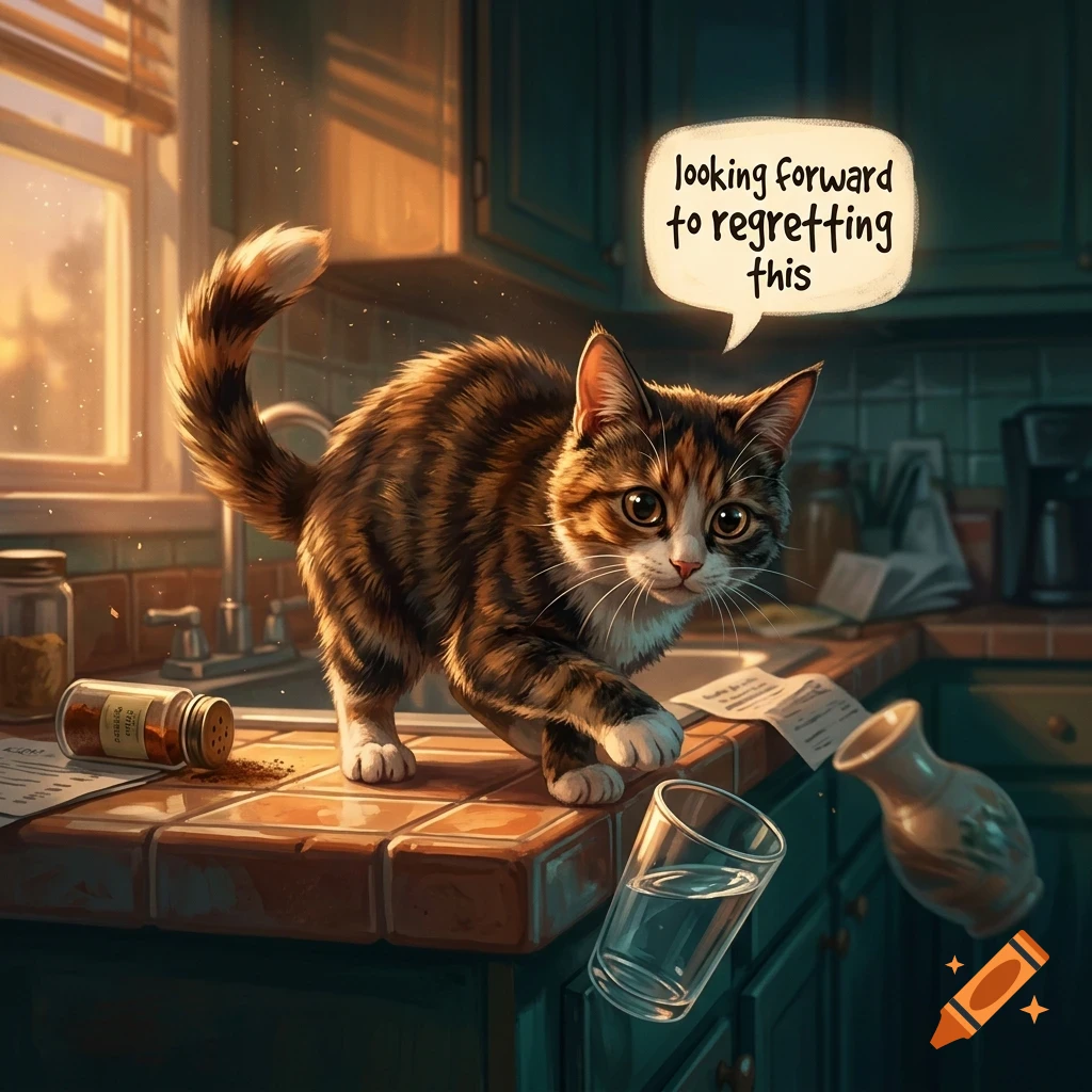 A tabby cat stands on a kitchen counter, knocking a glass and a pitcher over while thinking looking forward to regretting this.
