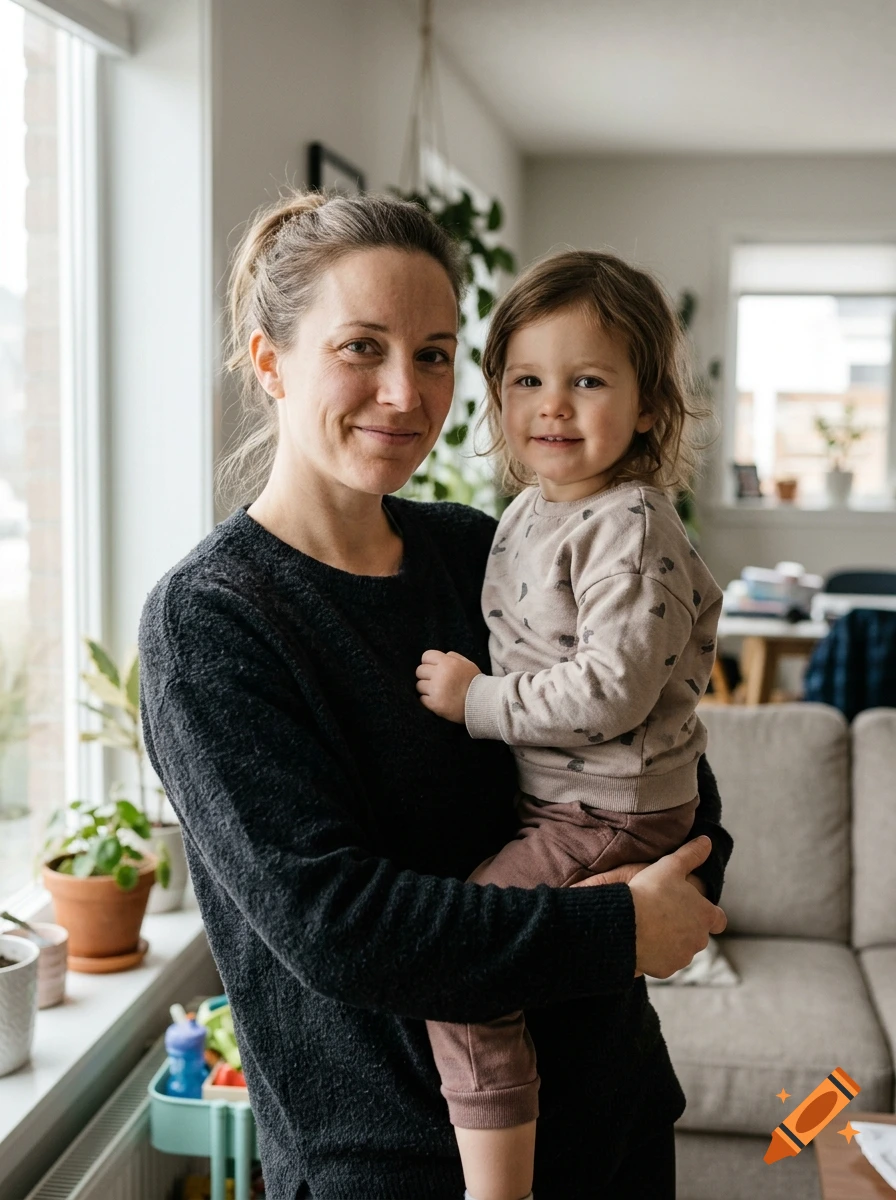 Photorealistic image of a woman smiling while holding a toddler in a bright, modern living room.