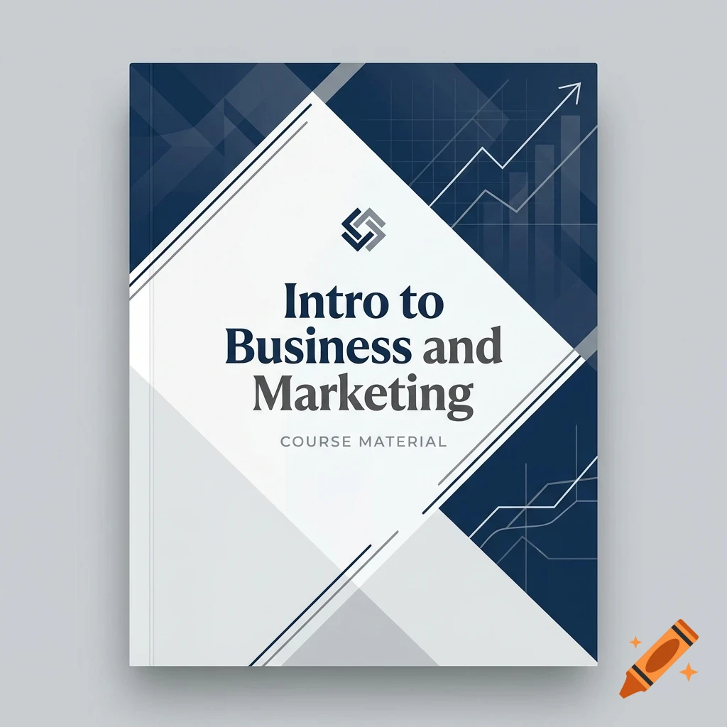 An educational course material cover for Intro to Business and Marketing featuring a blue and white geometric design with charts and a logo.