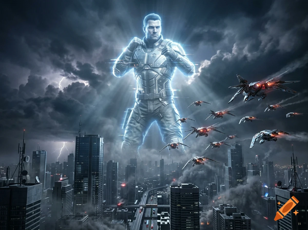 A giant holographic soldier in tactical armor looms over a stormy city skyline, accompanied by a swarm of futuristic aircraft under a cloudy sky with lightning.