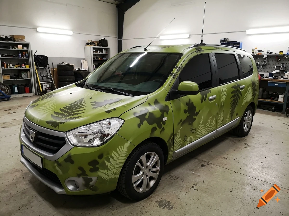 A green car with fern leaf and camouflage patterns parked inside a garage.