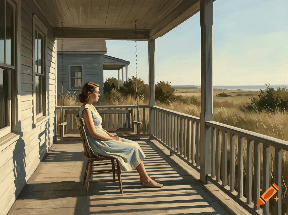 A woman in a blue dress sits on a wooden chair on a porch, looking out toward a grassy landscape and the ocean in the distance.
