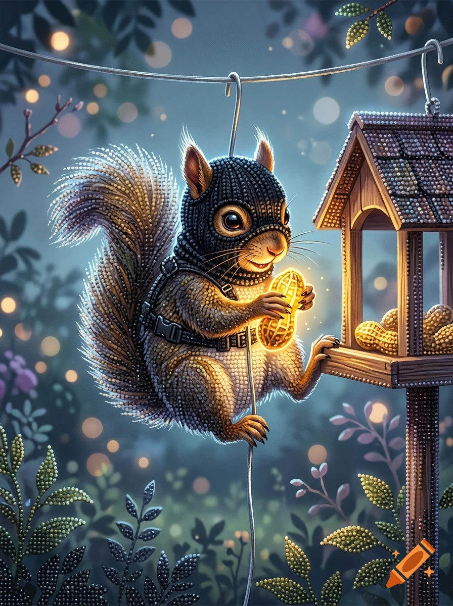 A cute squirrel wearing a thief's mask and harness hangs from a wire, holding a glowing peanut near a bird feeder in a garden at dusk.
