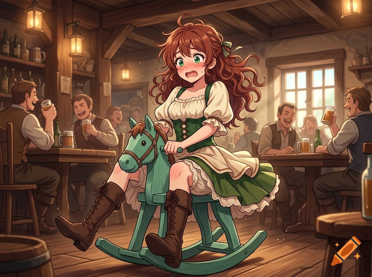 An anime-style illustration of a nervous-looking young woman riding a teal rocking horse inside a rustic tavern filled with laughing patrons.