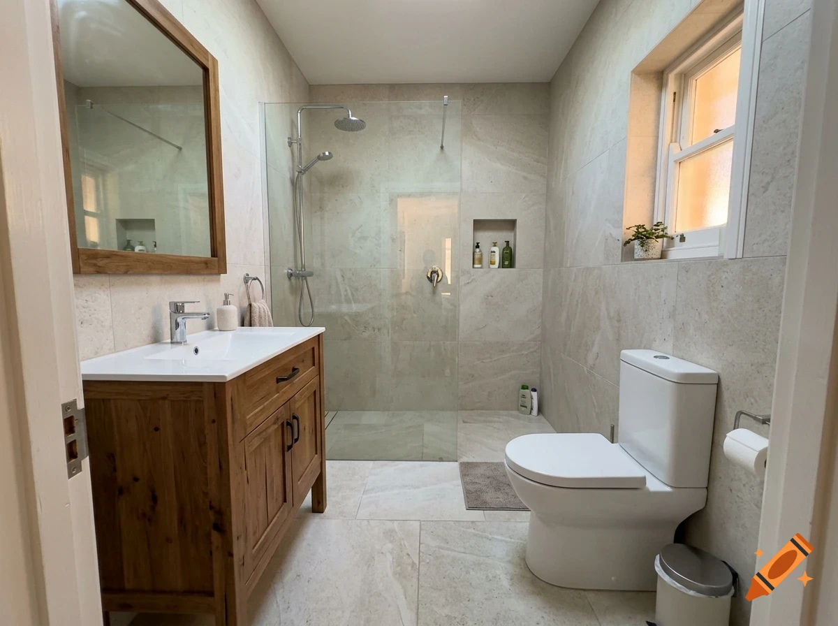 A modern bathroom featuring a wooden vanity with a white basin, a walk-in glass shower, a white toilet, and neutral tile walls.