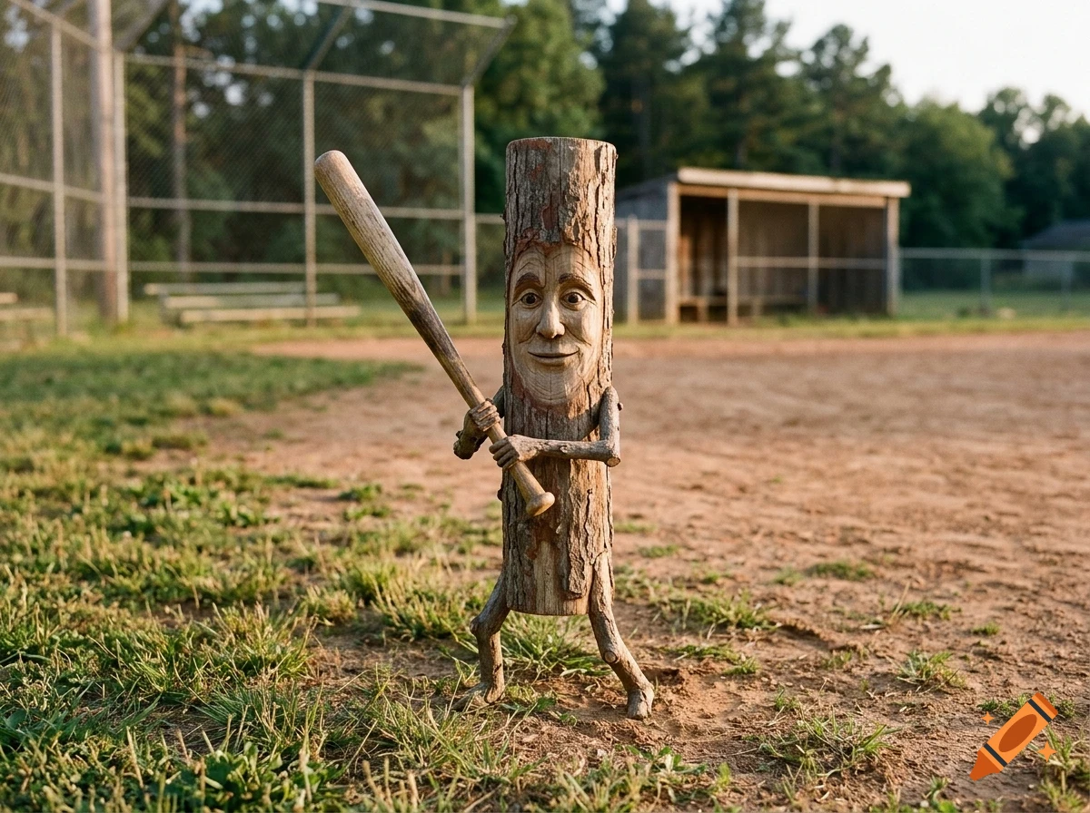 An anthropomorphic wooden log with a carved face holds a baseball bat on a baseball field.