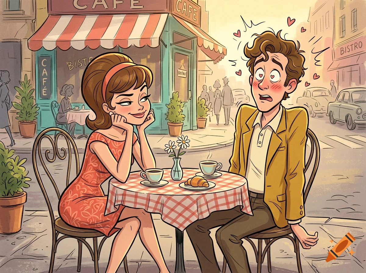 1960s vintage comic art of a flirtatious woman and a stunned, love-struck man sitting at a cafe table.