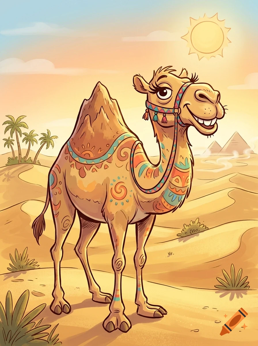 A friendly cartoon camel decorated with colorful patterns stands in a desert landscape with pyramids under a bright sun.