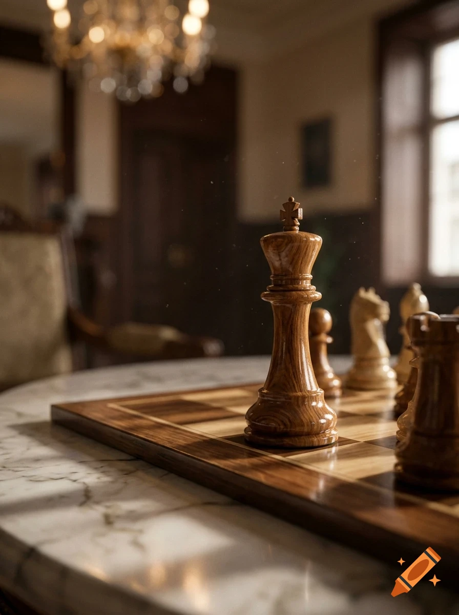 Close-up of a polished wooden chess king piece on a chessboard set on a marble table inside a room.