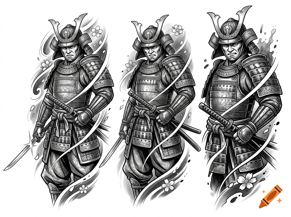 Three black and white illustrations of samurai warriors in traditional armor and helmets, holding swords.