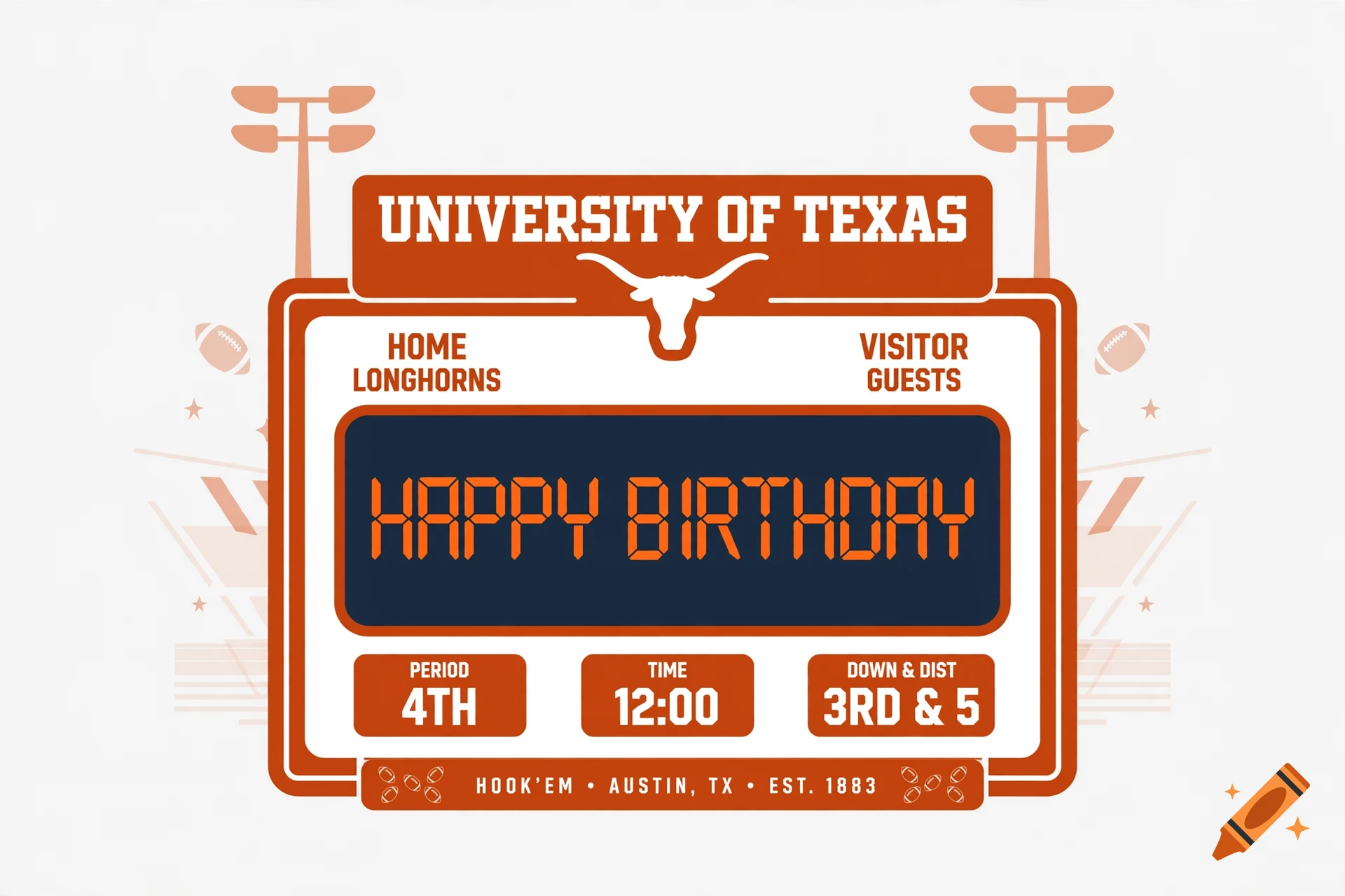 Vector illustration of a University of Texas scoreboard displaying 'HAPPY BIRTHDAY'.