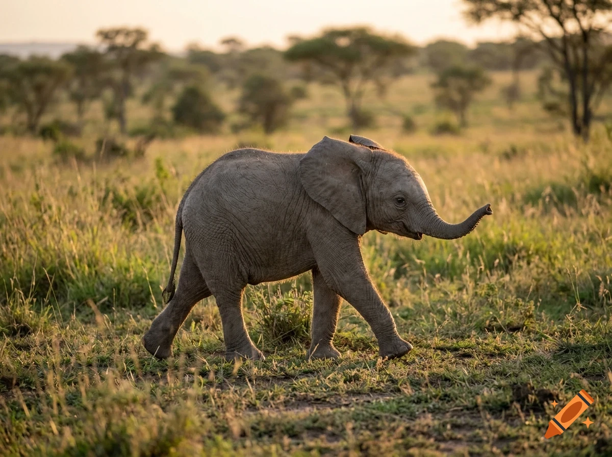 A baby elephant walking through a grassy savanna landscape with scattered acacia trees under warm sunlight.