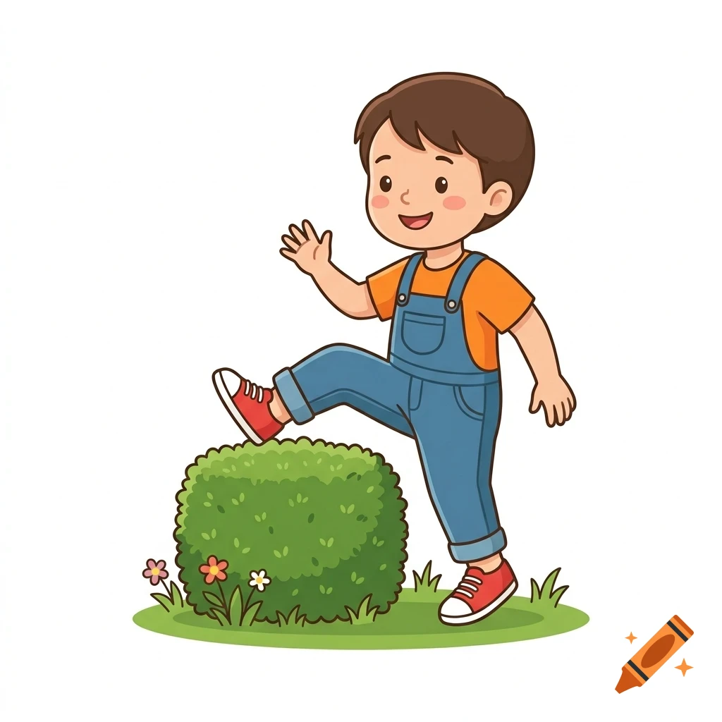 A cartoon illustration of a young boy wearing overalls and red shoes, stepping onto a green bush while waving.