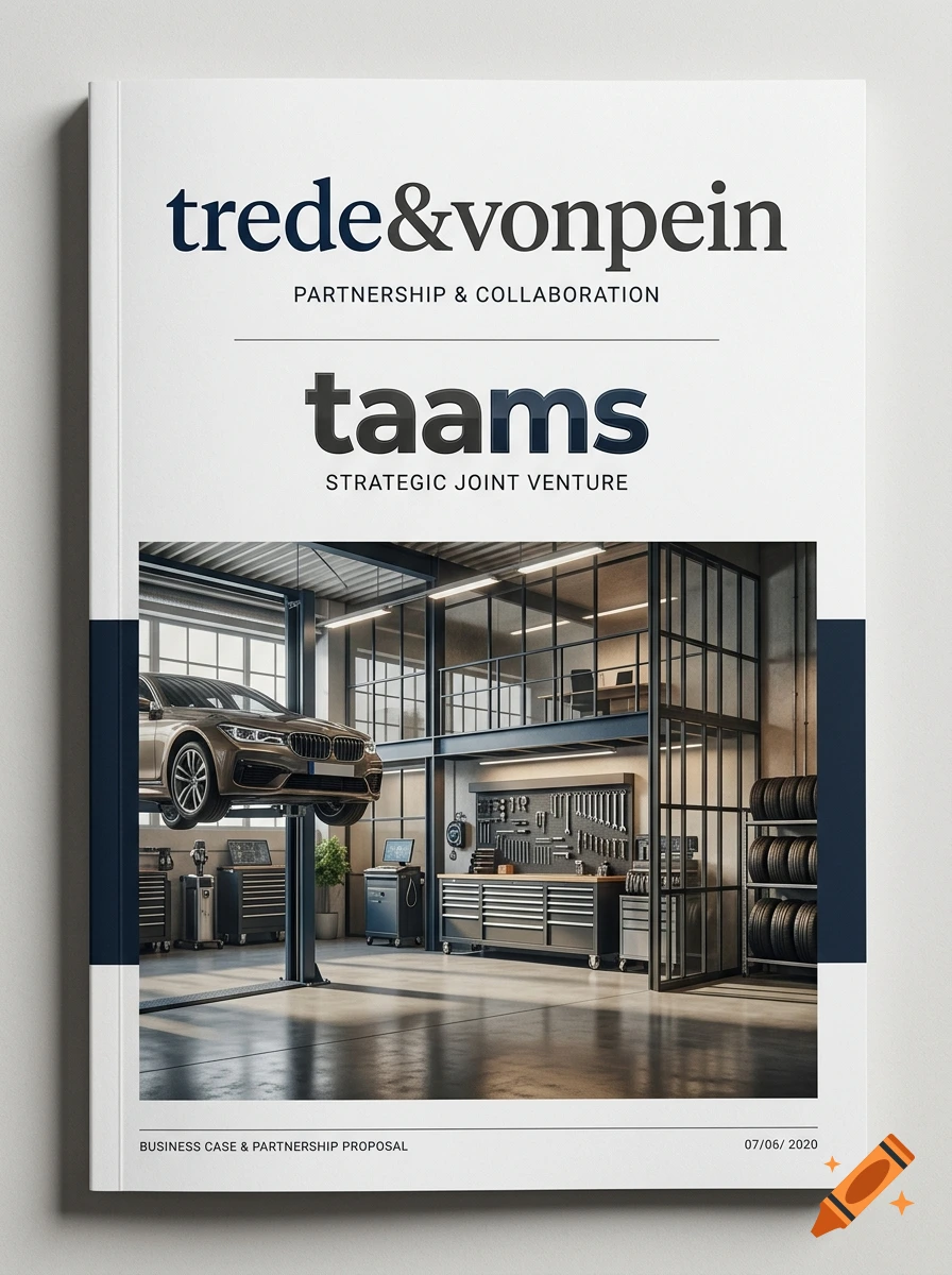 Mockup of a business proposal document featuring the text trede&vonpein and taams with an image of a modern car repair shop interior.