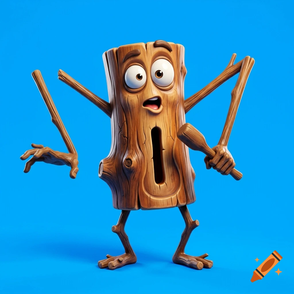 3D render of a goofy anthropomorphic wooden log character with lanky stick limbs and wide eyes against a blue background.