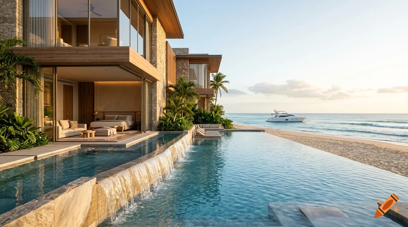 Photorealistic luxury beach villa with an infinity pool, waterfall feature, and a yacht on the sea in the background during sunset.