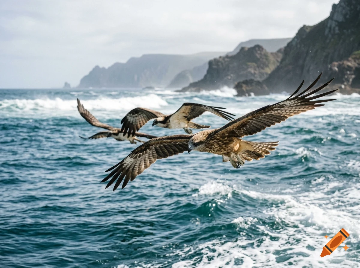 Three birds flying low over choppy ocean water with rocky coastal cliffs in the background.