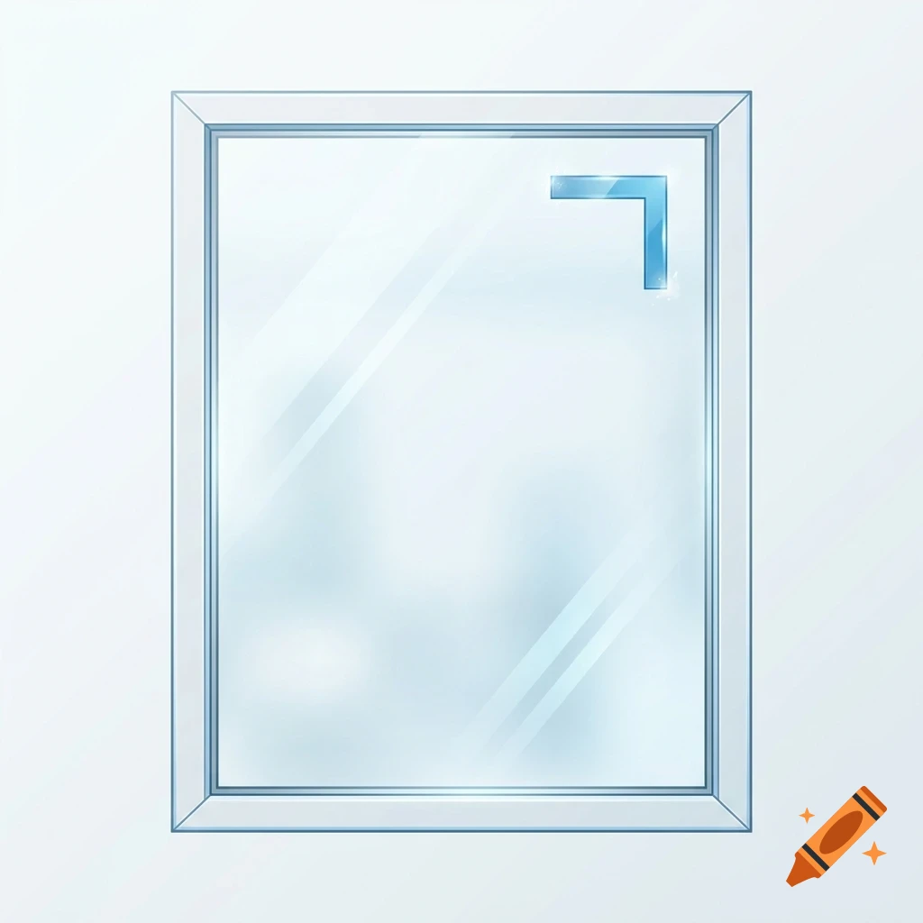 A close-up illustration of a window with a light blue frame, showing a reflection on the glass and a small blue corner overlay.