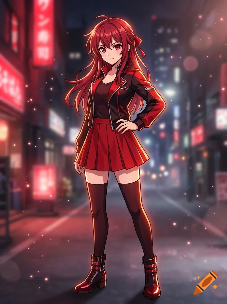 An anime-style illustration of a young woman with long red hair and red eyes, standing on a city street at night. She wears a black and red jacket, a black top, a red pleated skirt, dark thigh-high stockings, and boots, with glowing lights and neon signs in the blurred background.