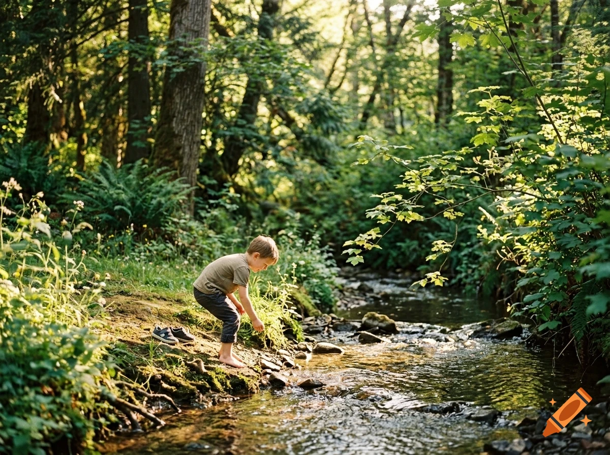 A young child crouches by a rushing stream in a lush, green forest, reaching towards the water.