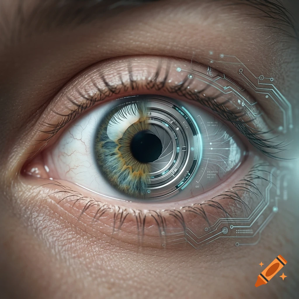 Close-up portrait of a human eye with a cybernetic camera lens replacing part of the iris and glowing digital circuitry overlaid around the eye.