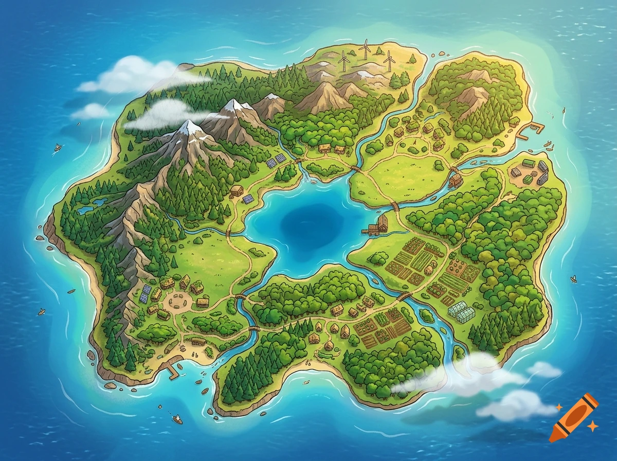 Aerial cartoon illustration of a lush, self-sustaining tropical island with mountains, forests, rivers, and a central lake.