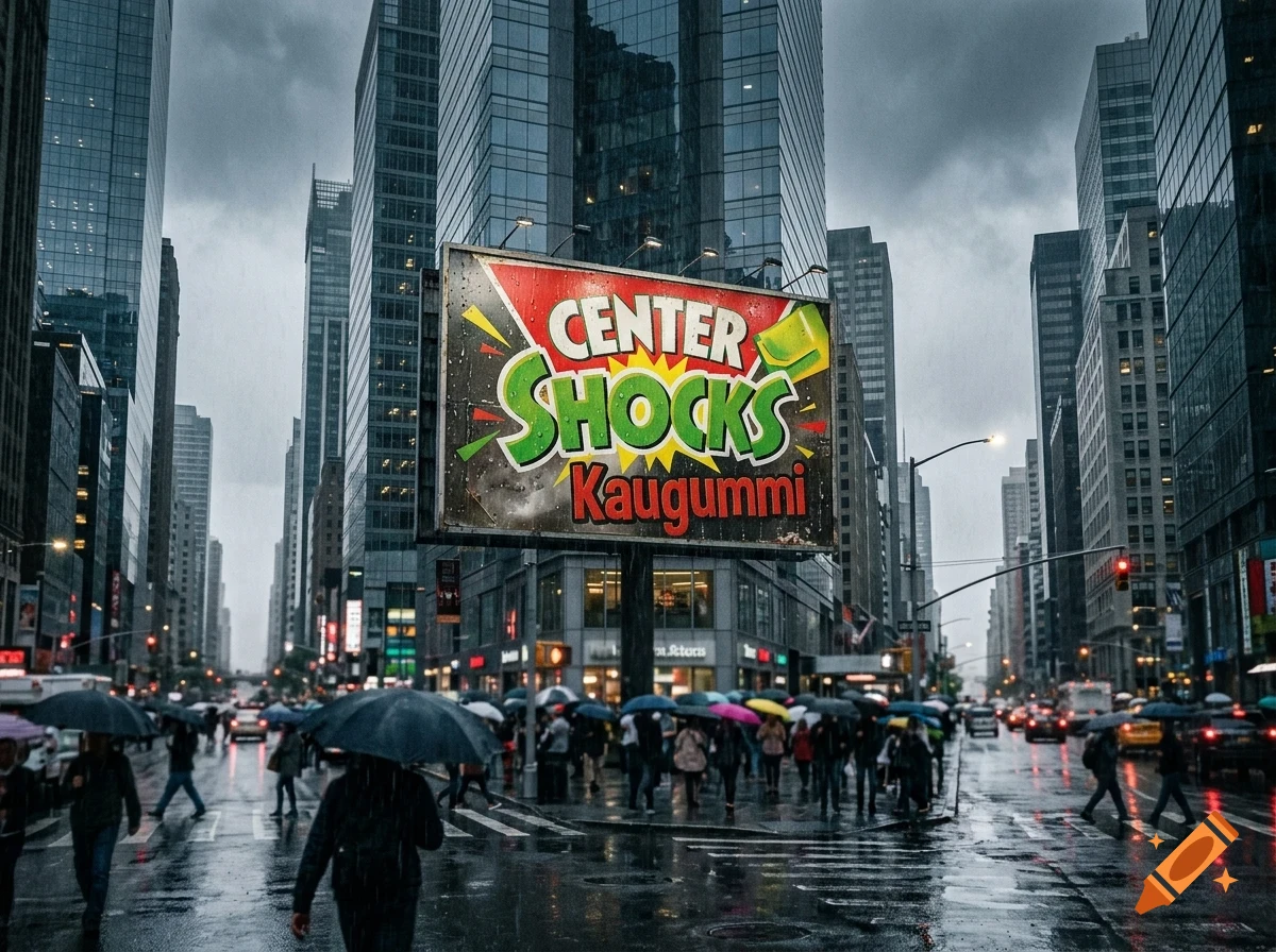 A rainy street scene in a large city with many pedestrians holding umbrellas, featuring a large billboard displaying "CENTER SHOCKS Kaugummi" in the center.