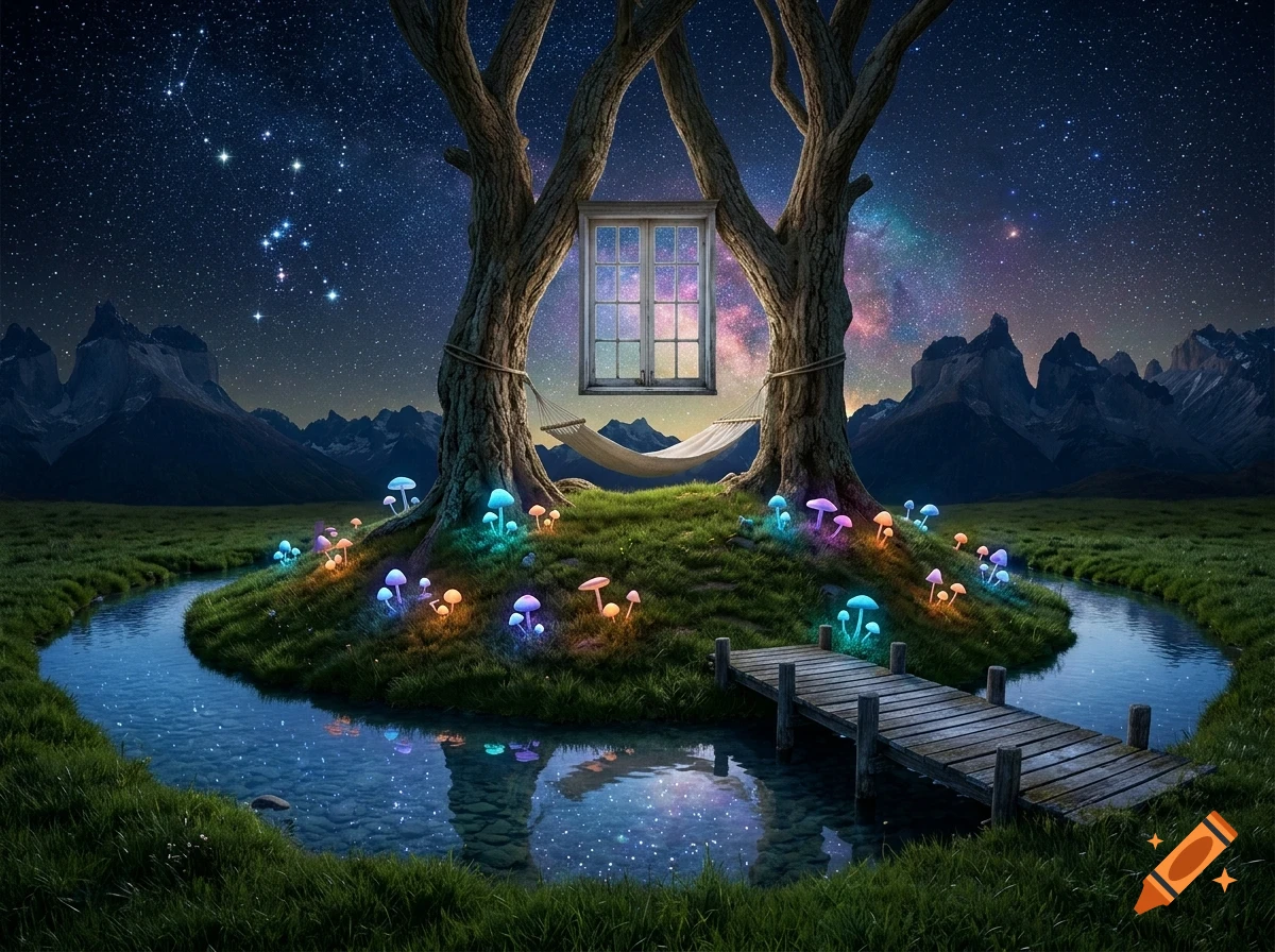 A whimsical nighttime landscape featuring a grassy island with glowing mushrooms, a wooden bridge over a stream, a hammock suspended between two trees with a window, mountains, and a starry sky with a nebula.