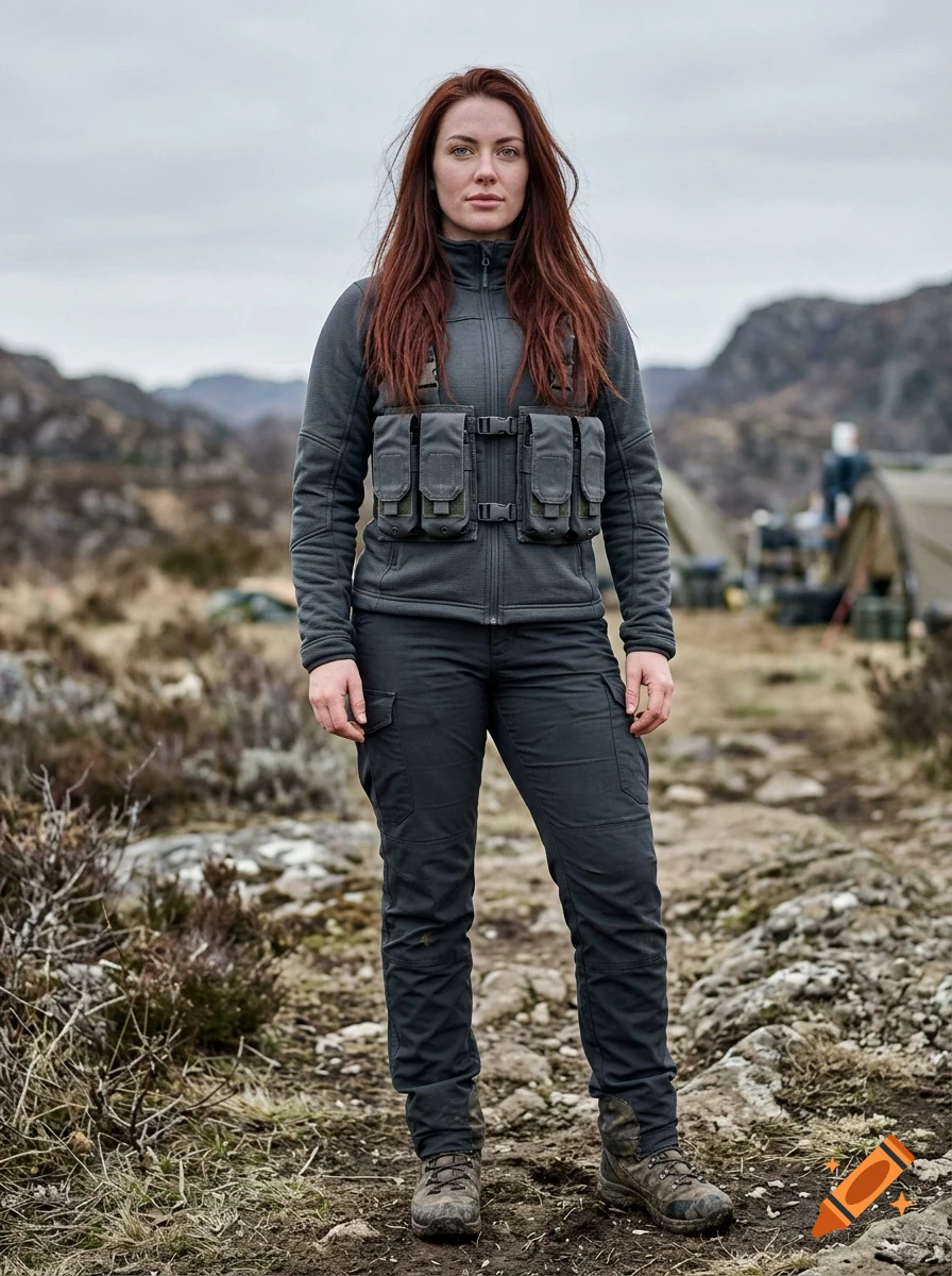 A woman with long red hair wearing a dark jacket, cargo pants, and a tactical chest rig standing outdoors in a rocky landscape.