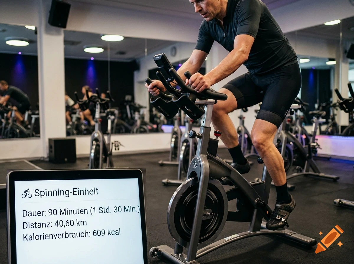 A man riding a stationary exercise bike in a gym during a spinning workout, with a tablet showing workout statistics in the foreground.