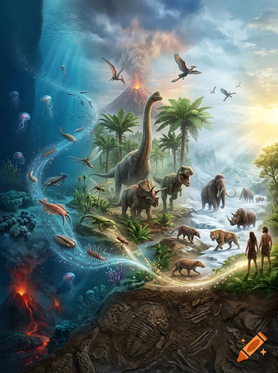An artistic illustration depicting the chronological evolution of life on Earth, from prehistoric aquatic organisms to land dinosaurs, mammals, and early humans.