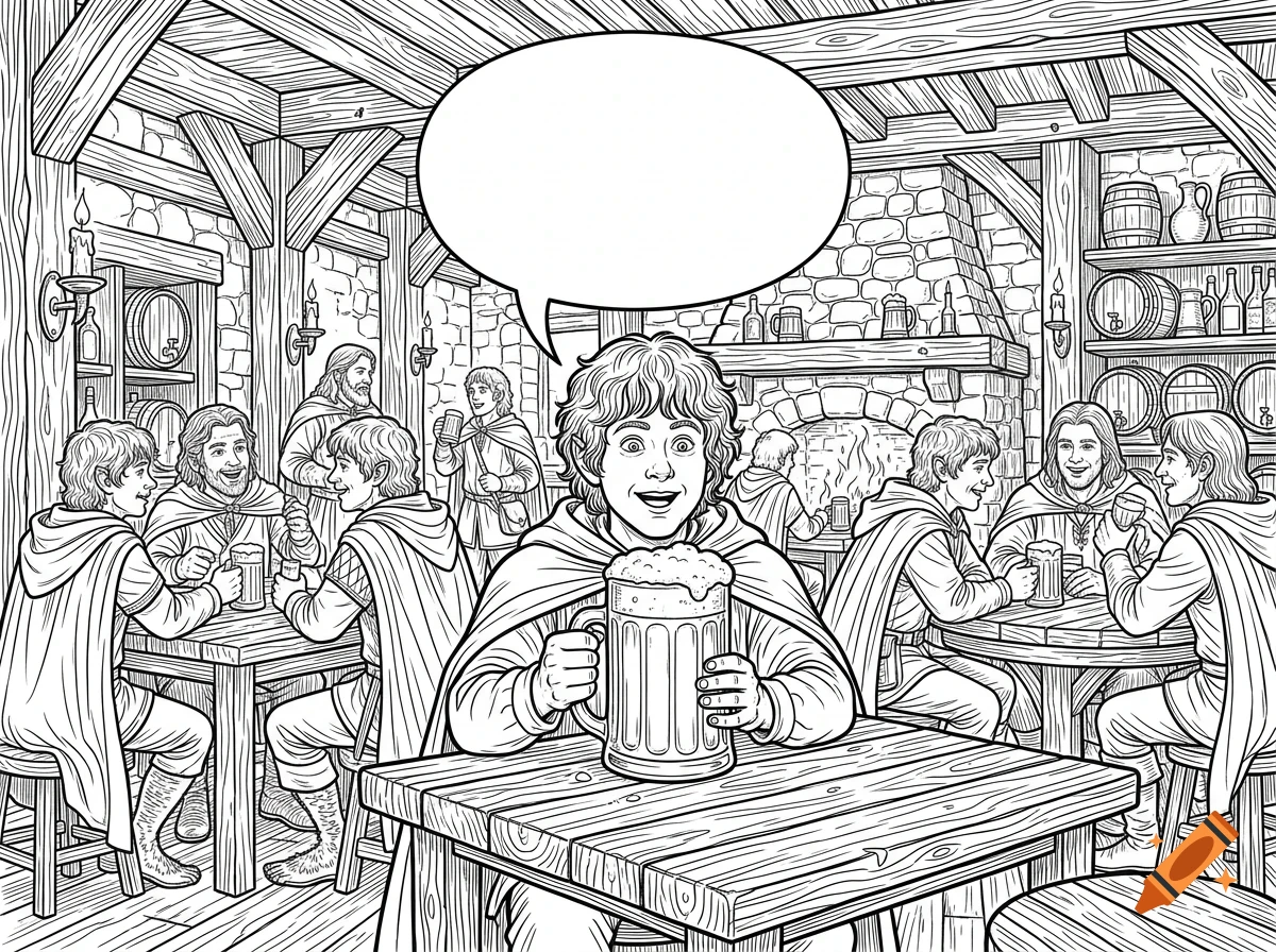An illustrated line drawing of people in a tavern with wooden beams, tables, barrels, and a large speech bubble overhead, centered on a character holding a mug of ale.