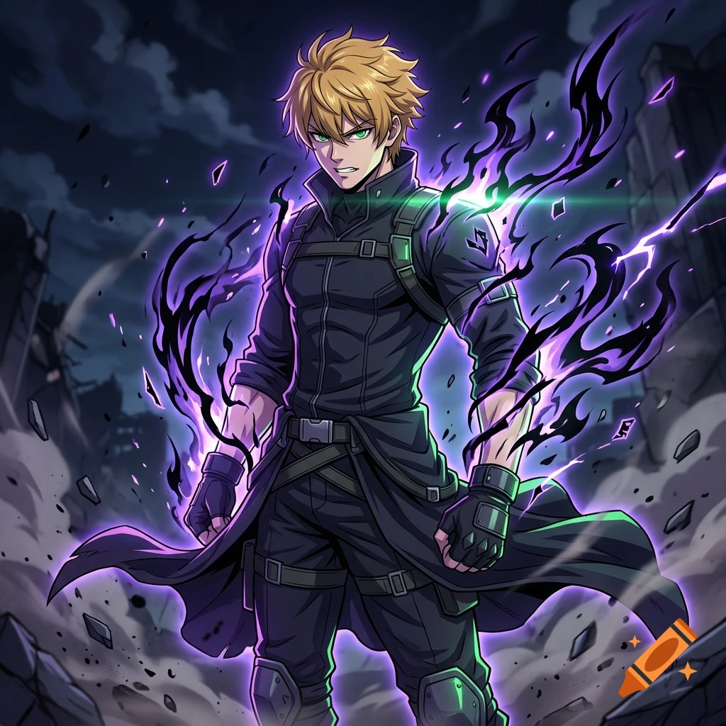 Anime-style illustration of a blonde male hero with green eyes, wearing a black tactical outfit and surrounded by purple cursed energy.