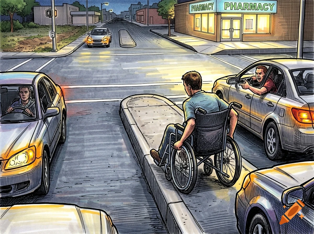 An illustrated comic-style scene shows a person in a wheelchair navigating a city street crossing as cars surround them.