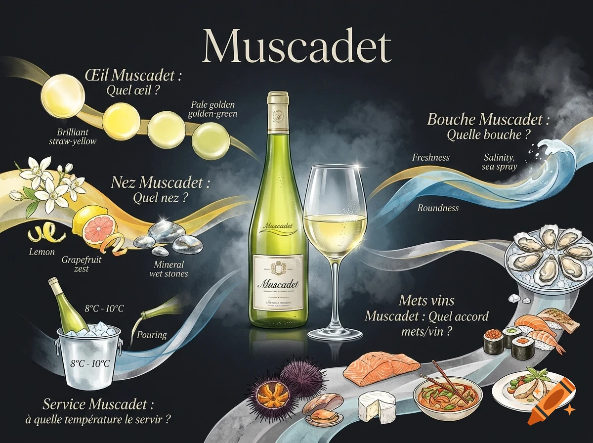 An informational poster illustrating Muscadet wine characteristics, serving temperature, food pairings, and tasting notes with artwork on a black background.