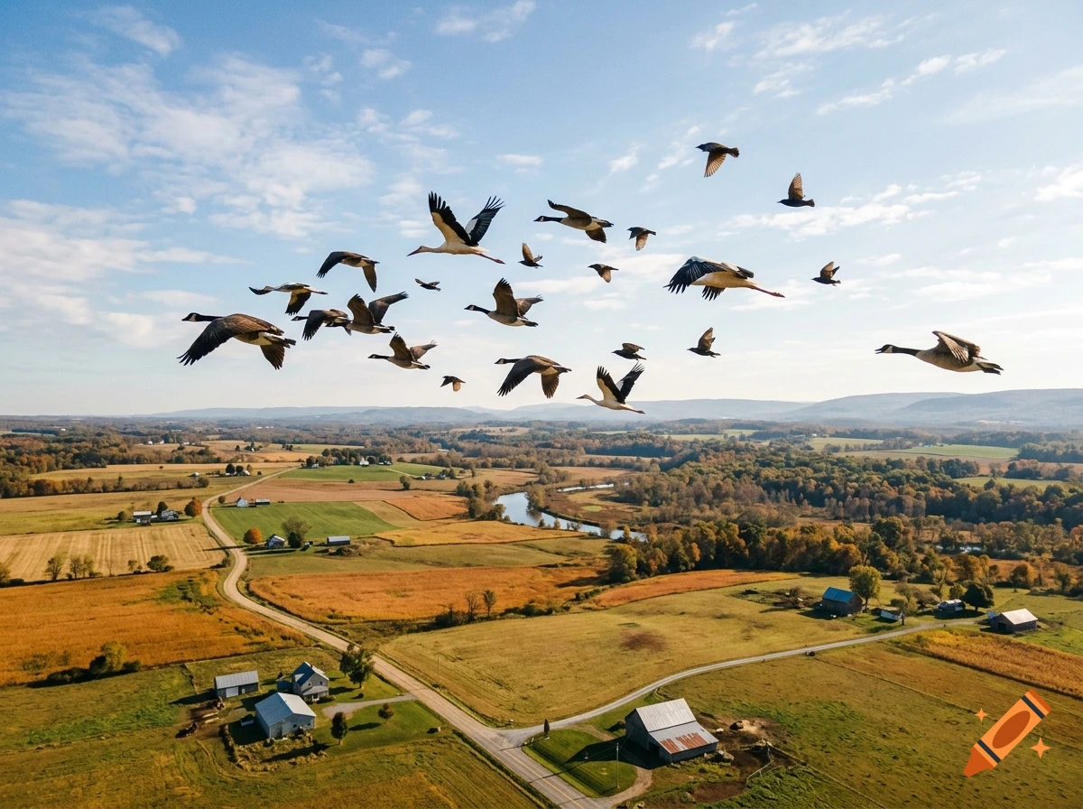 An aerial view of a flock of birds flying over a rural landscape with fields, a winding river, and scattered houses.