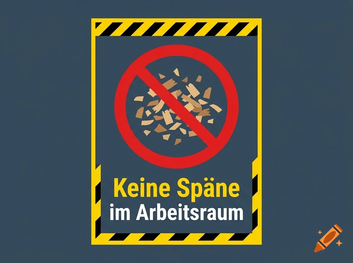 A warning sign with a black and yellow striped border, featuring a red prohibition symbol over wood shavings, and German text reading "Keine Späne im Arbeitsraum".