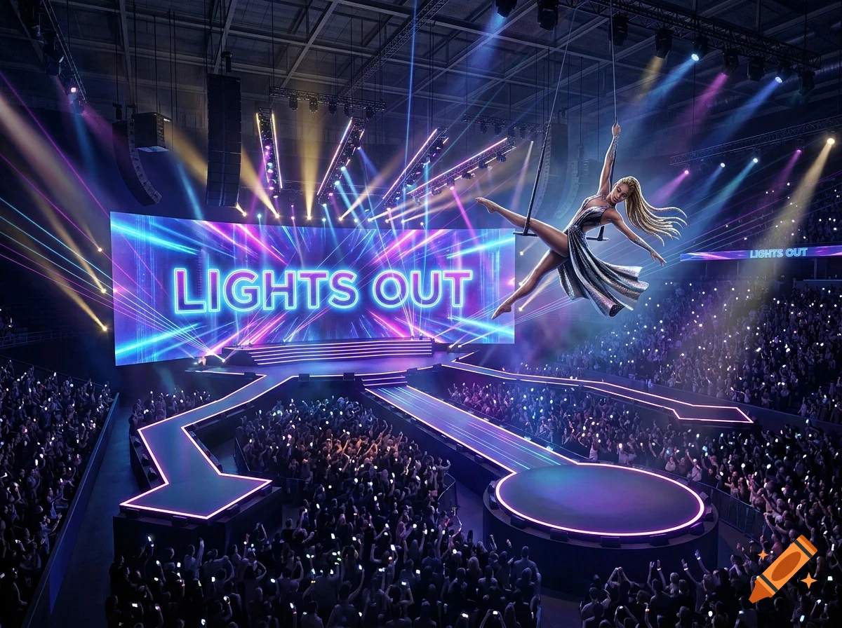 An aerial performer on a swing above a crowded concert arena with colorful stage lights and a large screen displaying the text "LIGHTS OUT".