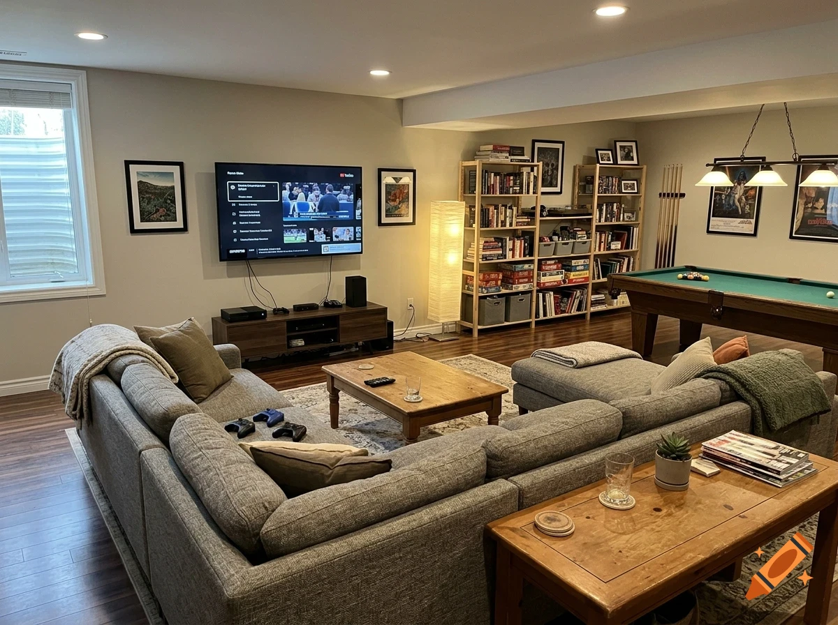 A finished basement living room featuring a grey sectional sofa, coffee table, wall-mounted television, bookshelves, and a pool table in the background.