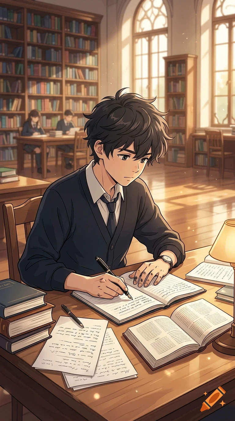 A young student in school uniform studies and writes in a notebook at a wooden desk inside a sunlit library filled with bookshelves.