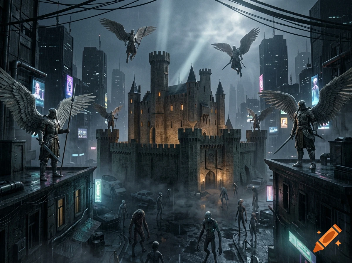 A large stone castle protected by winged knights in armor, standing in a dark cyberpunk city filled with alien creatures.