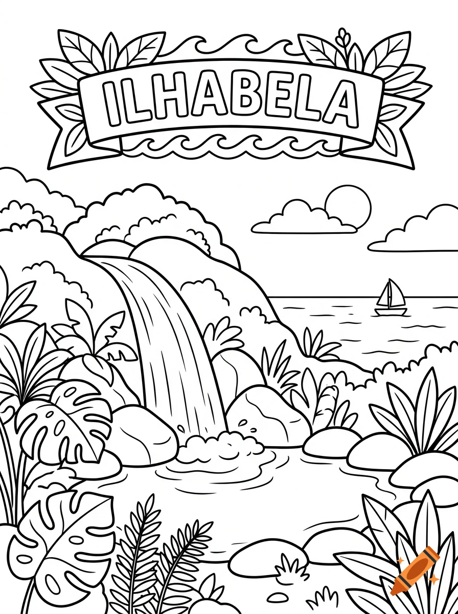 Black and white coloring book page depicting a tropical island scene with a waterfall, monstera leaves, and a sailboat on the ocean.