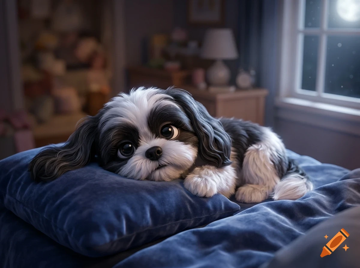 A cute black and white puppy resting on a blue velvet pillow indoors at night.