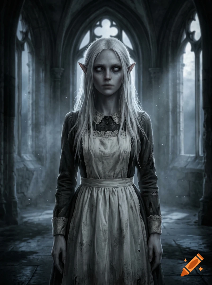 A portrait of a pale elf-like woman with long white hair and solid white eyes, wearing a dark dress and a stained apron inside a gothic cathedral.
