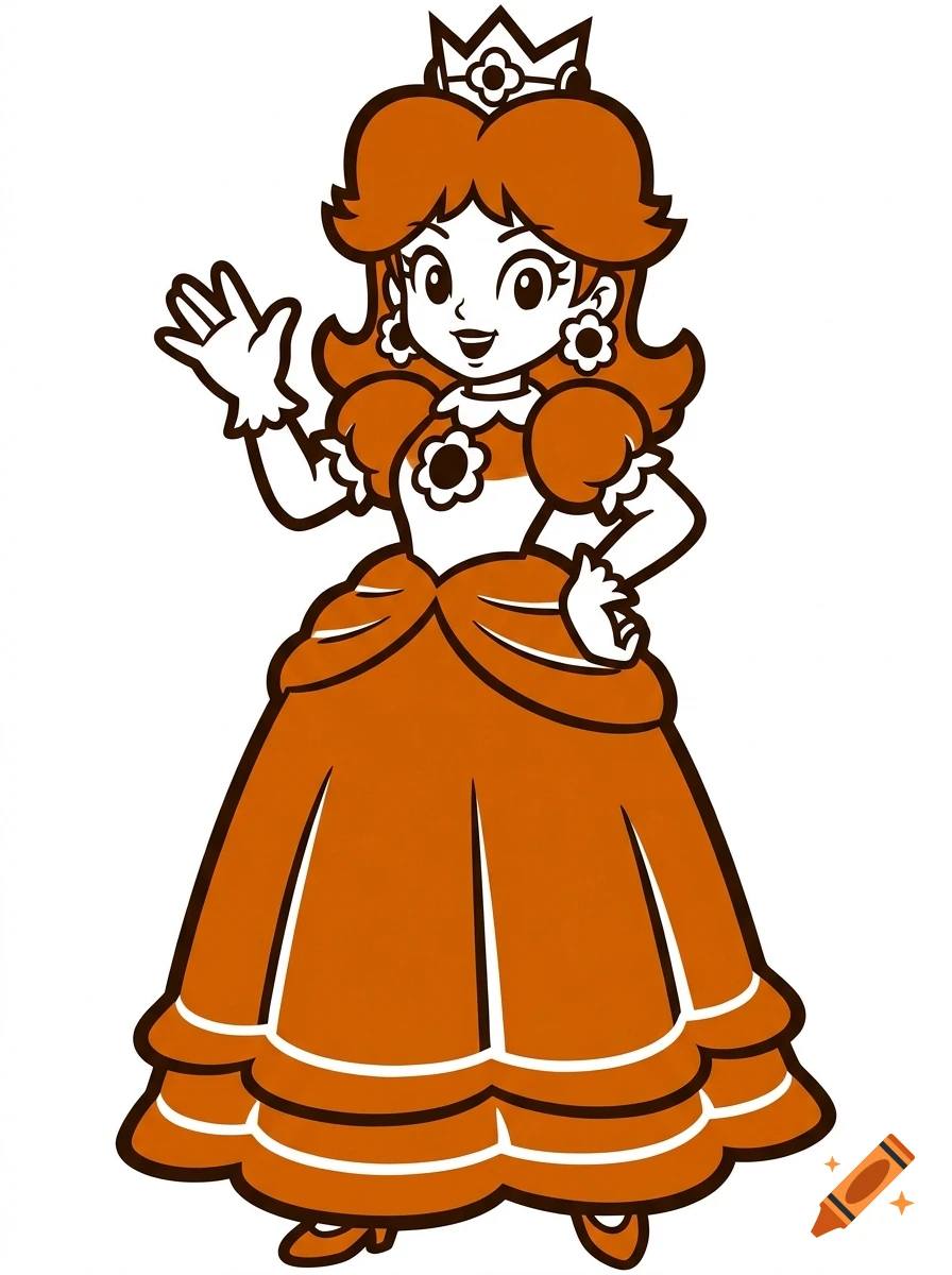 Vector illustration of Princess Daisy waving, in a simplified style with orange and white colors.