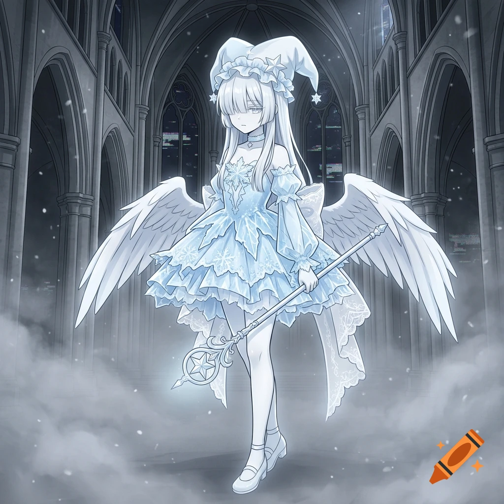 Anime style illustration of a pale teenage girl with a snowflake dress, wings, and staff standing in a monochrome church.