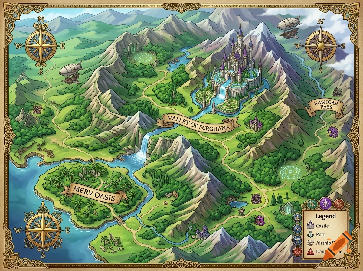 An illustrated fantasy map featuring mountains, forests, rivers, airships, a castle, and compass roses, labeled with locations like Valley of Ferghana and Merv Oasis.
