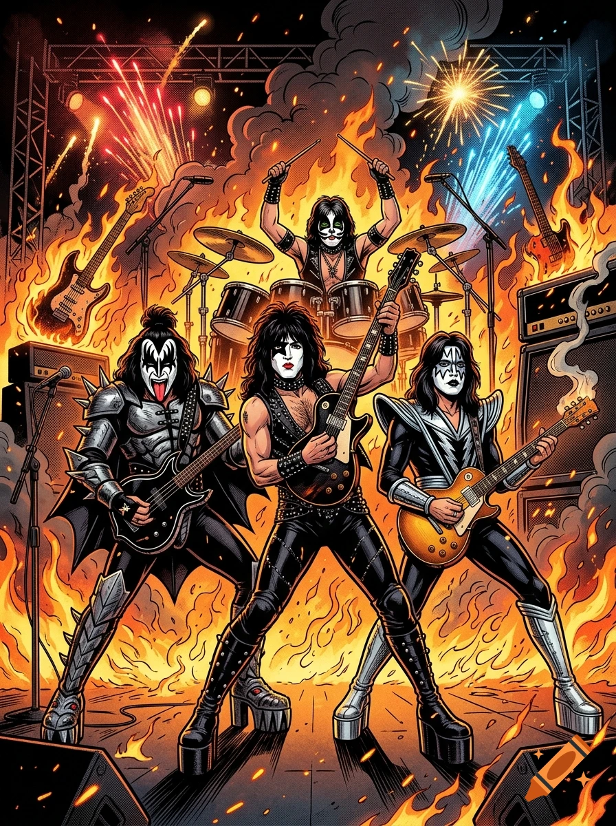 Comic-style illustration of the rock band KISS performing on stage with fire and explosions in the background.