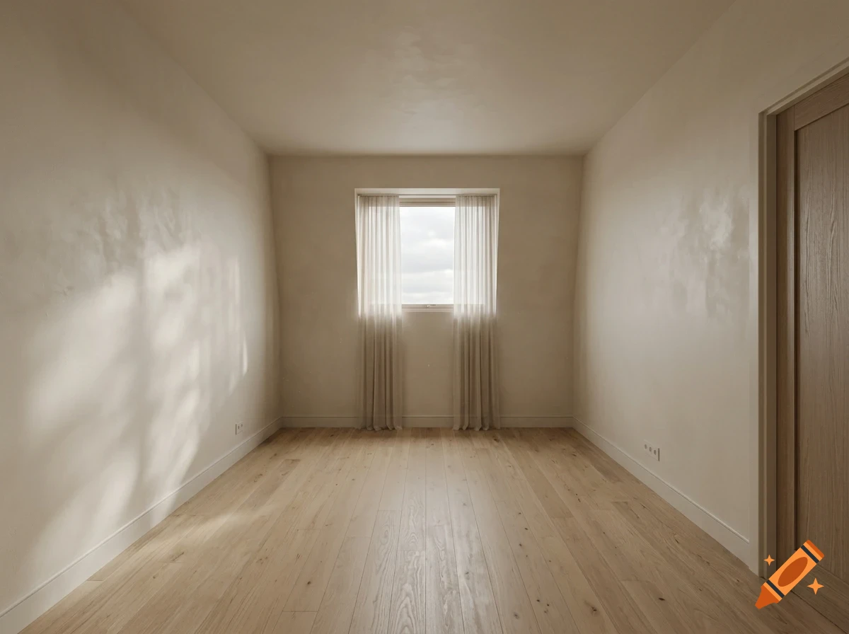 An empty, minimalist room with light wood flooring, beige walls, a single window with sheer curtains, and a wooden door on the right.